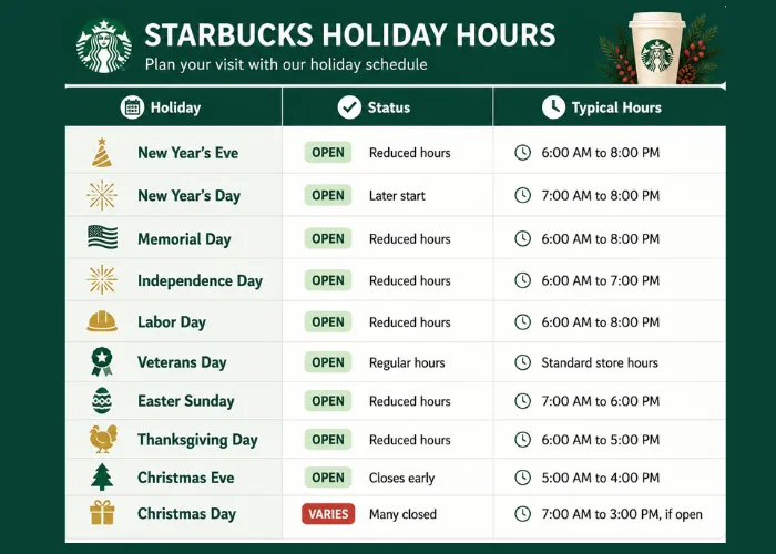 Starbucks Holiday Hours 2026 | Opening & Closing Time 1 Holiday Hours
