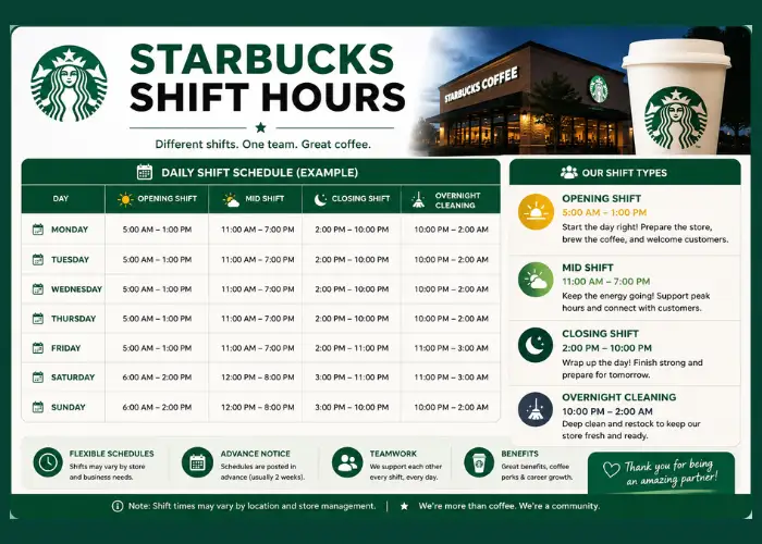 Starbucks Shift Hours 2026 | Morning, Mid-Day & Evening 1 Shift Hours